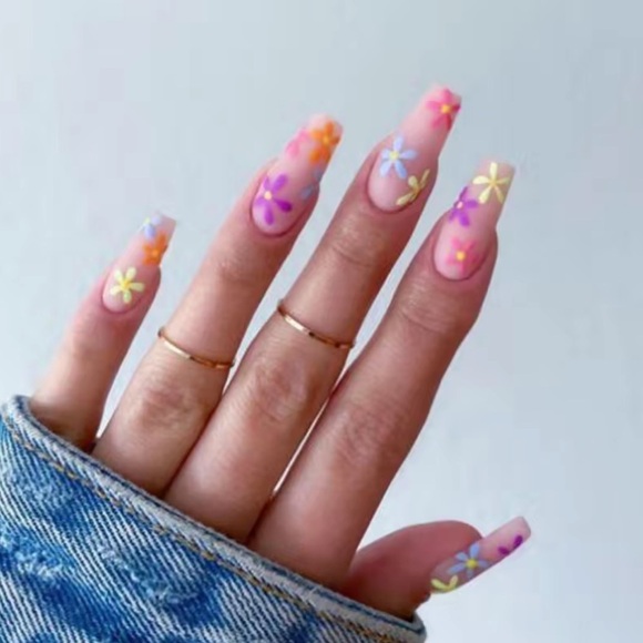 Acrylic Long Coffin Tip Matte Pastel Flower Barbiecore Fantasy Manicure Nails - Picture 1 of 6